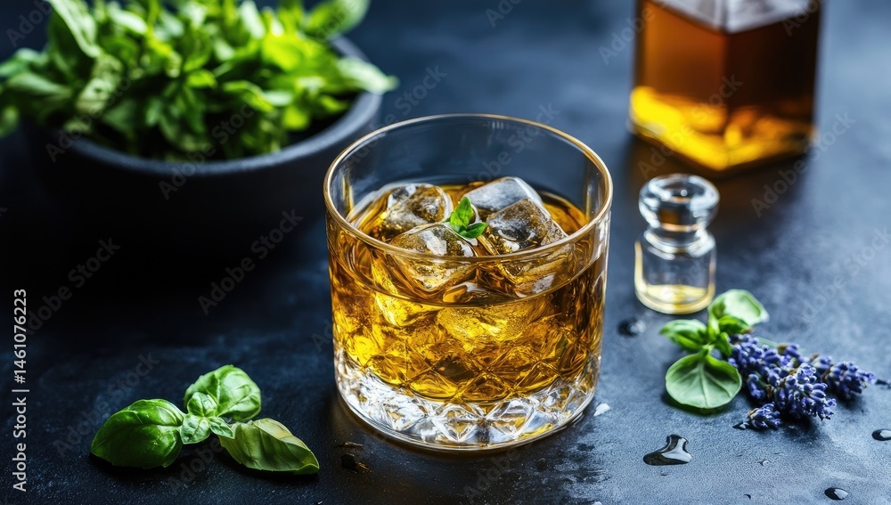Refreshing amber cocktail with ice and herbs Refreshing amber cocktail with ice and herbs