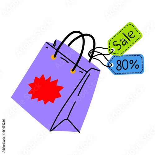 Colorful shopping bag with sale tags showcasing an 80 percent discount on items available