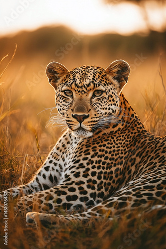Leopard's Intense Gaze: A Striking Portrait in the Golden African Wilderness