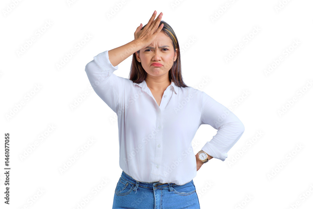 Fototapeta premium Upset young Asian woman slapping forehead and remember something isolated on transparent background