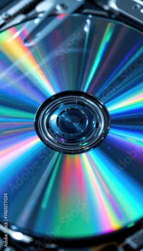 create a holographic hard disk image with a shimmering effect and glimmering silver tones, the subject should be positioned at the bottom of the image