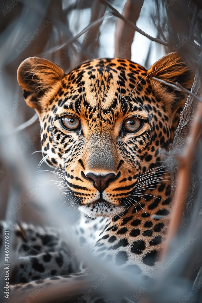 Intimate portrait of a leopard amidst a dense thicket of natural flora