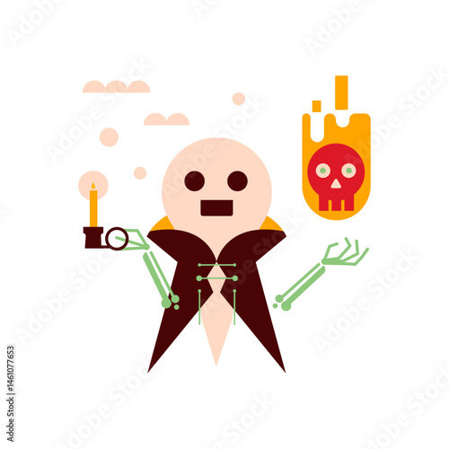 Whimsical cartoon skeleton holding a candle and skull, suitable for Halloween or spooky-themed web content.