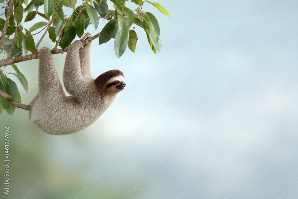 Obraz premium serene scene featuring sloth hanging lazily from tree branch surrounded by lush green foliage