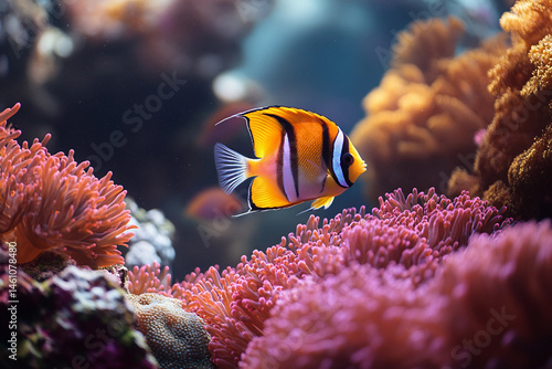 Vibrant tropical fish swimming through sunlit coral reef environment surrounded by colorful marine life, generative ai