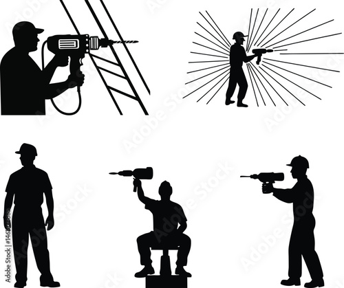 man with a drill vector, labor worker male in different pose, vector silhouette.