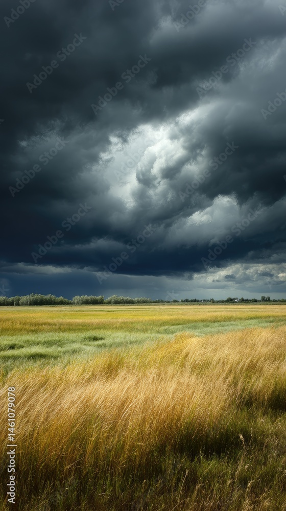 Obraz premium Storm clouds loom over prairie as golden light pierces through, nature's dramatic contrast unfolds