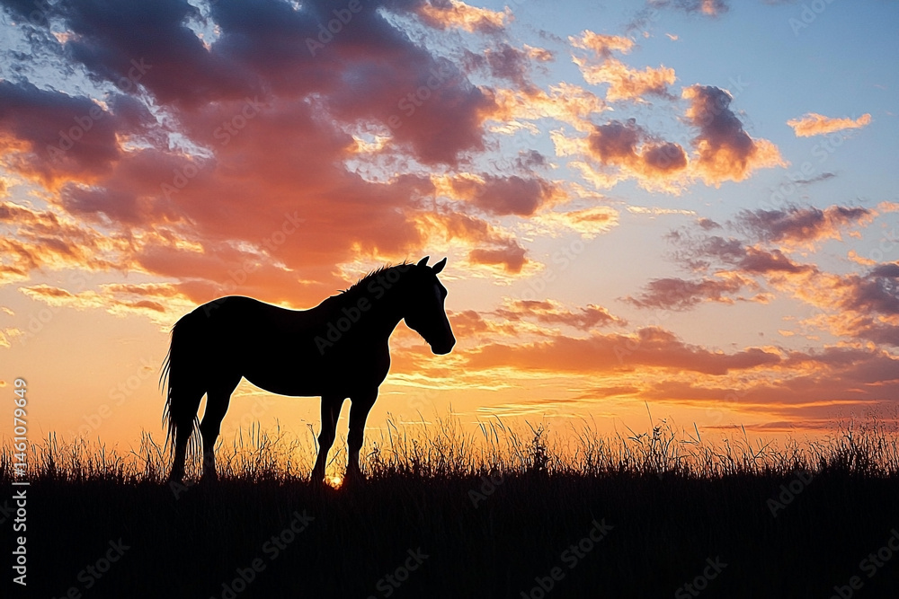 Equine silhouette against a vibrant twilight canvas, capturing tranquil beauty