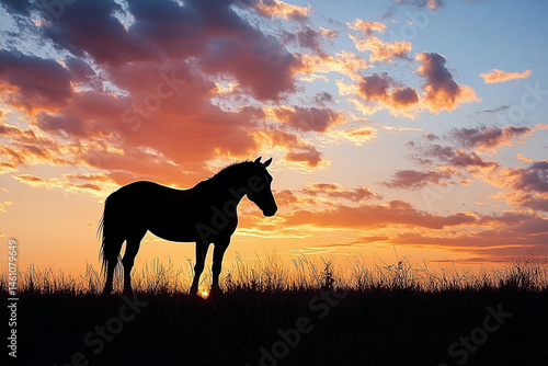 Equine silhouette against a vibrant twilight canvas, capturing tranquil beauty