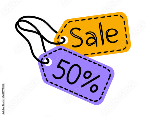 Promotional sale tags showing 50 percent discount for seasonal shopping events in retail stores