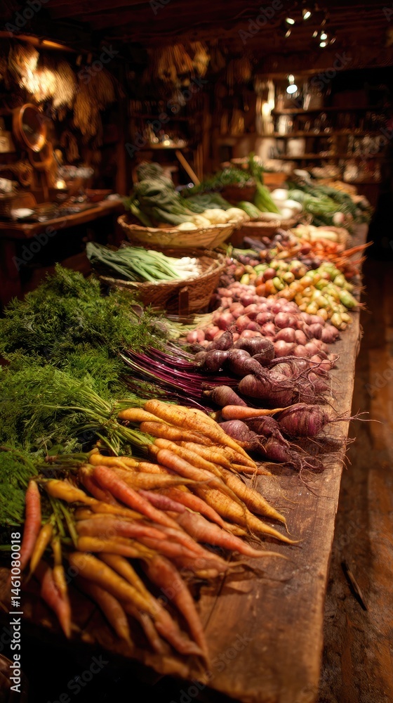 Fototapeta premium Rustic wooden surface brimming with fresh seasonal produce, celebrating the raw beauty of nature's bounty