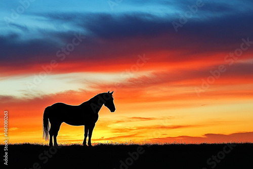 Obraz na płótnie Silhouette of horse against a vibrant sunset displaying rich colors w salonie