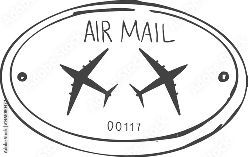 Post stamp air mail postage rubber vintage frame, seal. Line retro textured blank postmark border template. Grunge circle airmail print, design element.