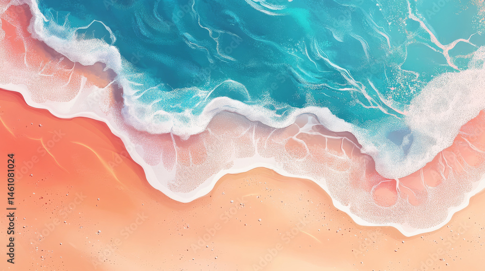 Obraz premium serene top view illustration of sandy beach with gentle waves lapping at shore, evoking sense of calm and relaxation. vibrant colors of water and sand create picturesque summer scene