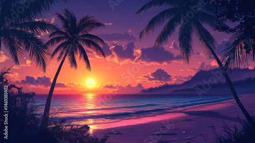 serene panoramic beach landscape featuring palm trees silhouetted against vibrant sunset. warm colors of sky reflect on calm ocean waves, creating tranquil atmosphere