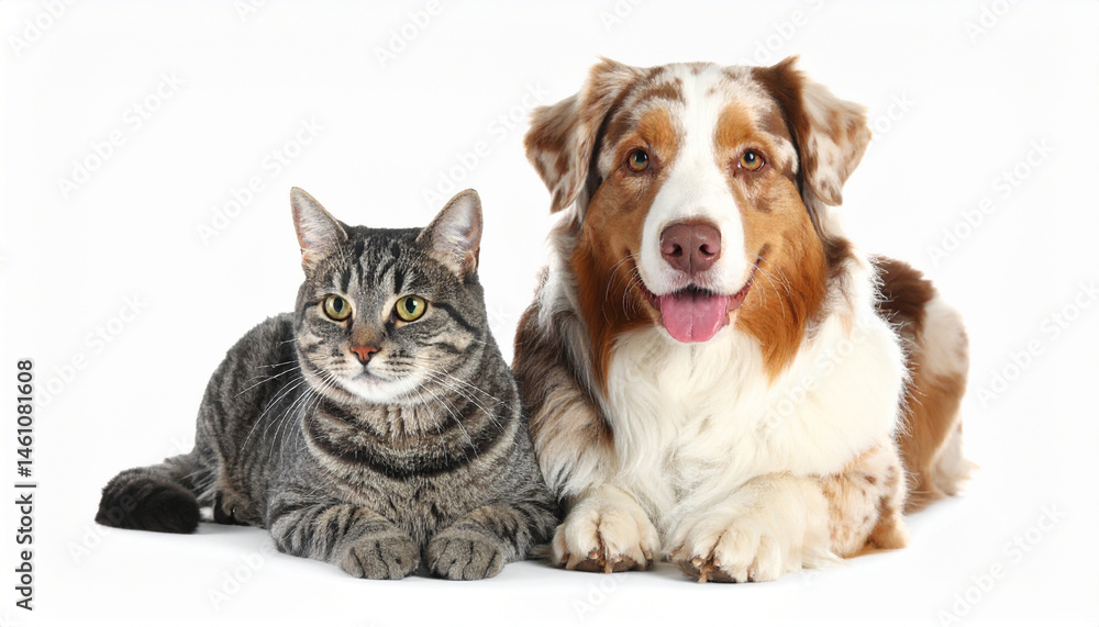 Fototapeta premium Cute domestic dog and adorable young fluffy cat sitting together on white