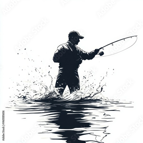 Fisherman stands in water casting line while splashes surround him during early morning light