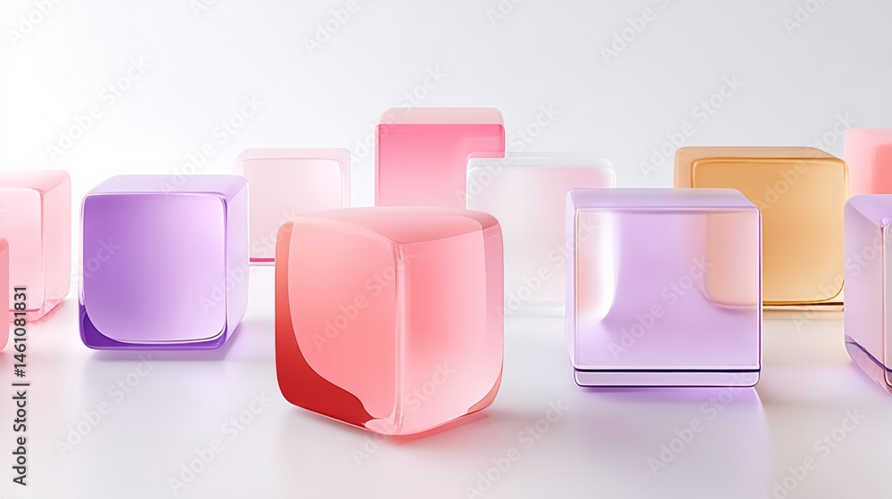 Row of colorful cubes are arranged in a pattern. The cubes are made of glass and are of various colors, including pink, purple, and yellow. Concept of creativity and playfulness Row of colorful cubes are arranged in a pattern. The cubes are made of glass and are of various colors, including pink, purple, and yellow. Concept of creativity and playfulness