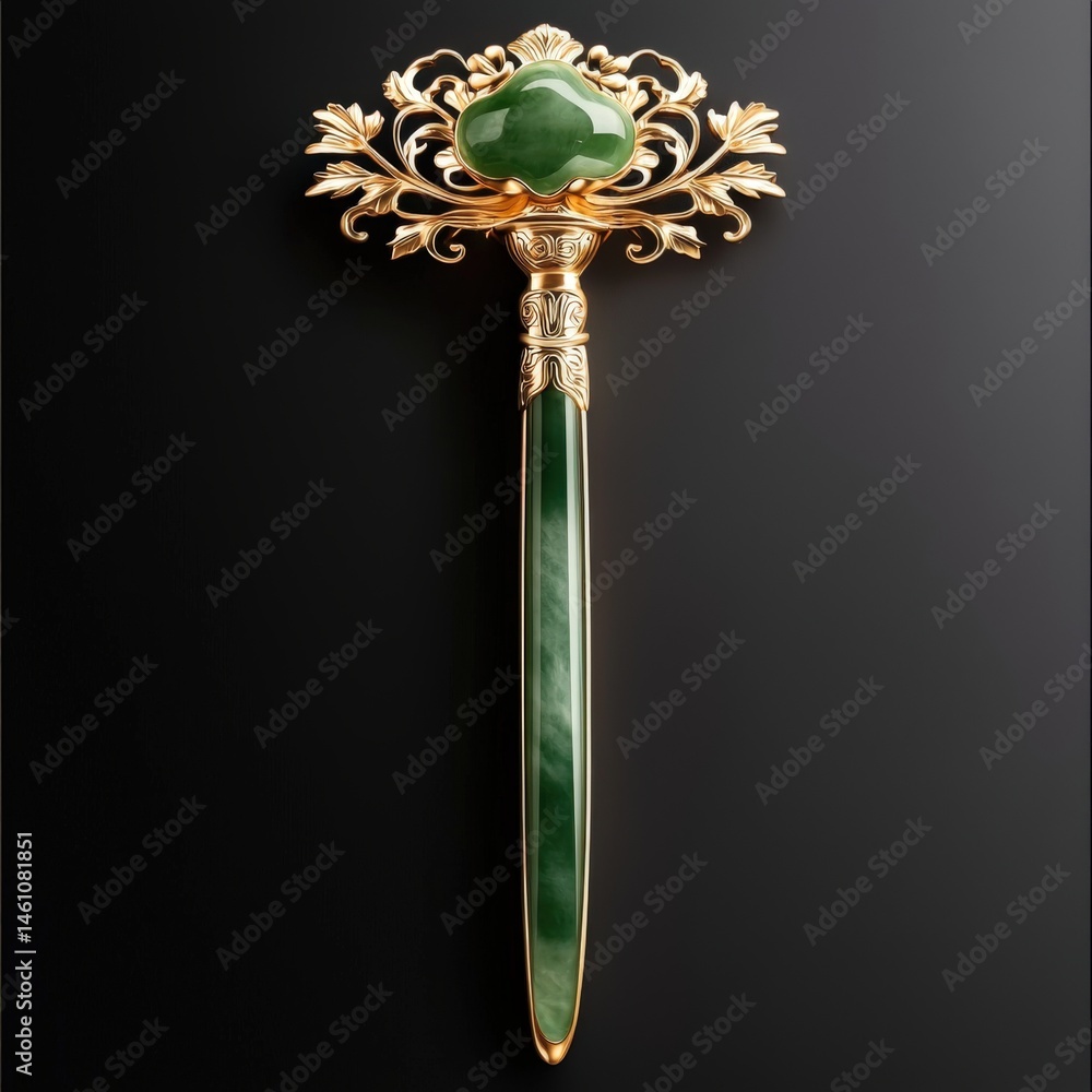An ornate jade and gold facial roller, intricately designed with floral accents, rests against a sleek black backdrop, exuding luxury and elegance for skincare. An ornate jade and gold facial roller, intricately designed with floral accents, rests against a sleek black backdrop, exuding luxury and elegance for skincare.