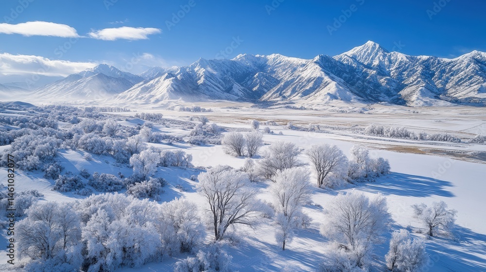 Fototapeta premium Snow-covered trees and mountain range under a bright blue sky in winter. Use this image to evoke feelings of cold,peace, or the winter season.