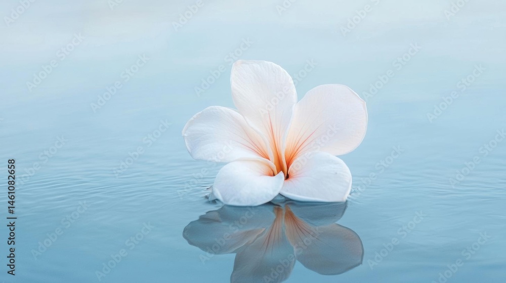 Photograph of a single white flower floating on the surface of a body of water. the flower is in the center of the image, with its petals spread out in a fan-like shape. Photograph of a single white flower floating on the surface of a body of water. the flower is in the center of the image, with its petals spread out in a fan-like shape.