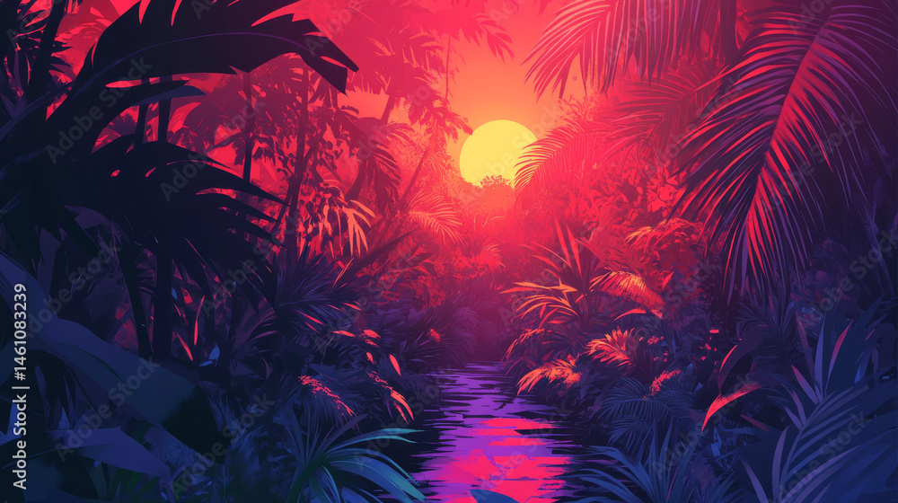 tropical background featuring lush jungle plants, with stunning sunset casting warm hues over serene waterway. scene evokes sense of tranquility and natural beauty tropical background featuring lush jungle plants, with stunning sunset casting warm hues over serene waterway. scene evokes sense of tranquility and natural beauty
