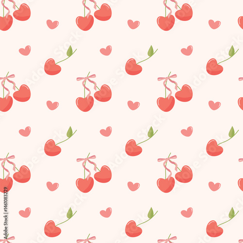 Coquette Cherries bow heart seamless pattern Retro vibrant illustration.