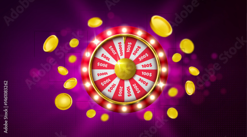 Fortune wheel with glowing light bulbs, winning bet sectors on spinning roulette. Gambling lottery luck concept, casino jackpot chance circle surrounded by golden coins flying around on purple bg.