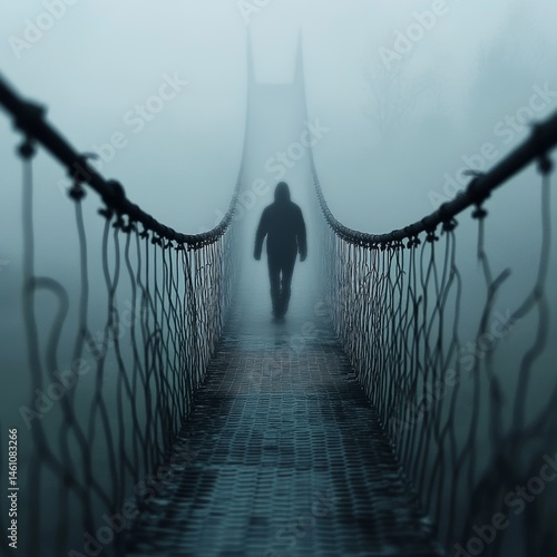Fuzzy man walking on hanging bridge vanishing in fog. Focus on middle of bridge. 