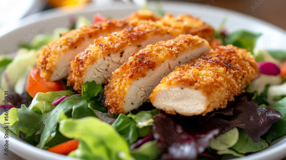 Crispy chicken cutlet served on bed of fresh salad with vibrant vegetables and greens Crispy chicken cutlet served on bed of fresh salad with vibrant vegetables and greens