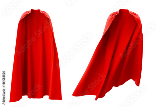 Red super hero cape mockup set from front view. Vivid scarlet cloak with draped folds, flowing fabric design for hero or king costume. Blank apparel template for product showcase, merchandise display
