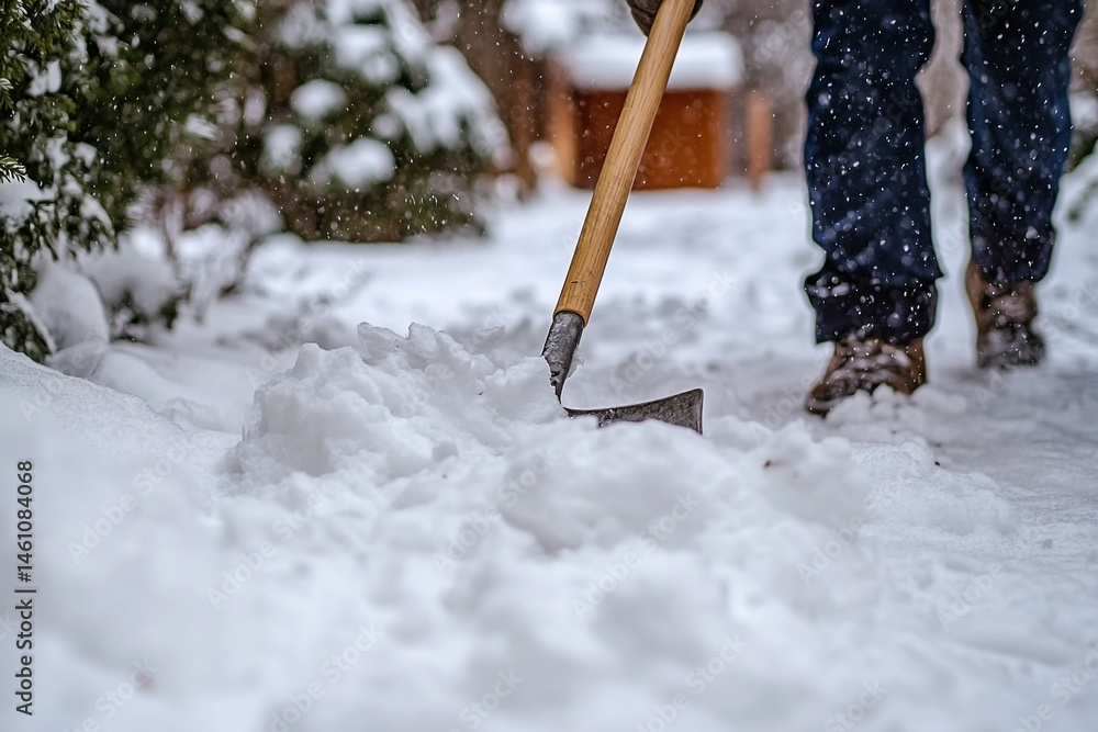 Clearing fresh snowfall: winter maintenance in backyard garden after blizzard