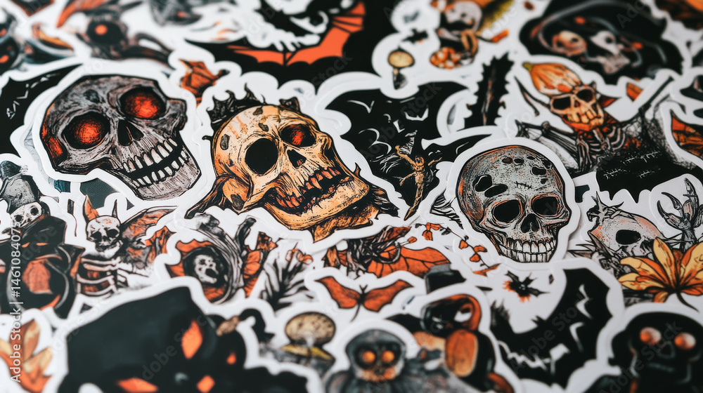 Naklejka premium Spooky Halloween stickers featuring skulls, bats, and eerie designs create haunting atmosphere perfect for festive decorations. These vibrant illustrations capture essence of Halloween fun