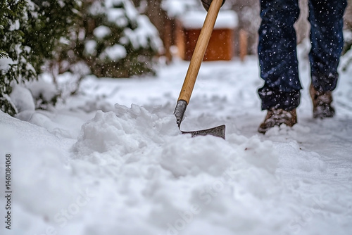 Obraz na płótnie Clearing fresh snowfall: winter maintenance in backyard garden after blizzard w salonie