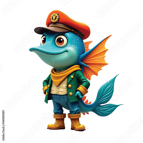 Happy Cartoon Fish Character Wearing a Hat and Jacket