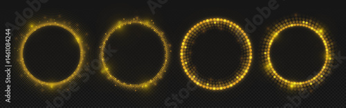 Yellow dot circles set isolated on transparent background. Vector realistic illustration of round golden light spot frames, abstract sparkling borders for retro disco party, holiday celebration banner