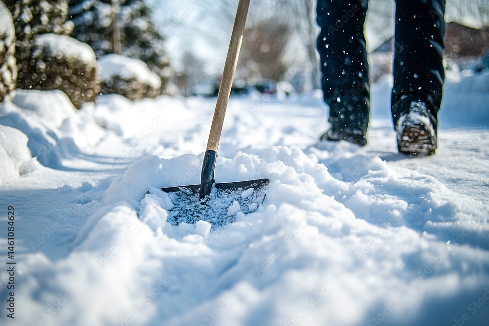 Winter chore: Clearing pathway with snow shovel during cold winter morning