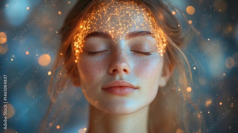 Young woman meditating with glowing neural connections symbolizing mindfulness, inner peace, and brain health benefits
Young woman meditating with glowing neural connections symbolizing mindfulness, inner peace, and brain health benefits