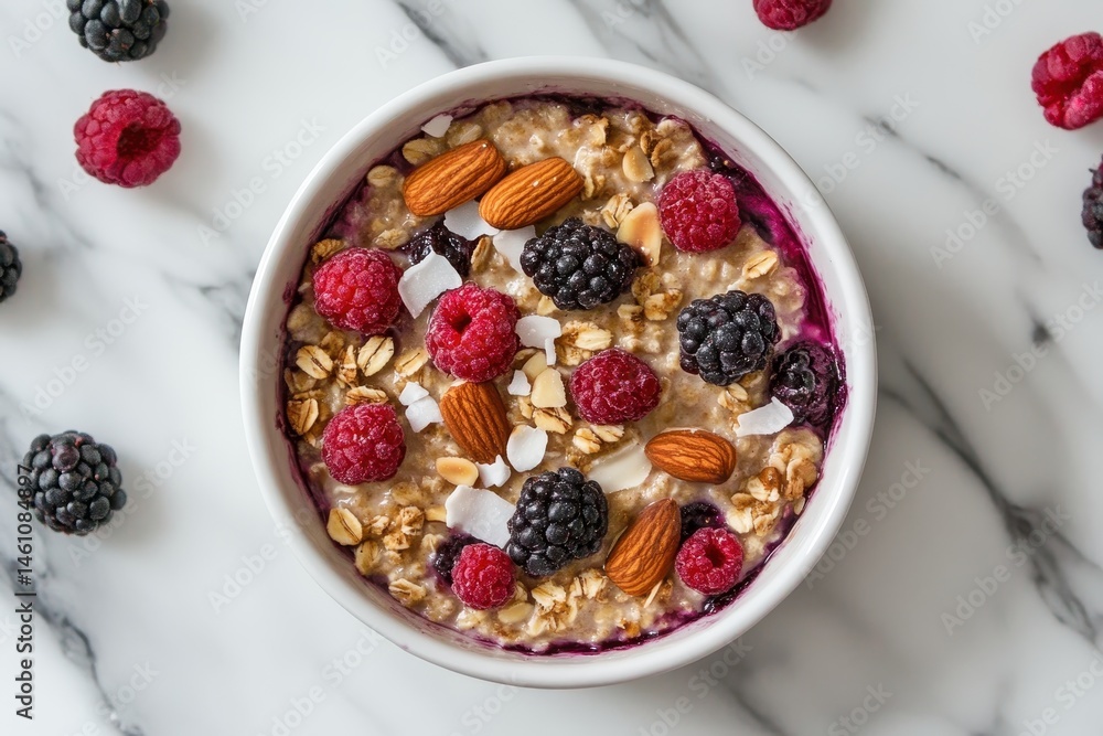 Oatmeal bowl with almonds, blackberries and raspberries on marble surface. It shows a healthy breakfast, a perfect diet or fitness concept. Oatmeal bowl with almonds, blackberries and raspberries on marble surface. It shows a healthy breakfast, a perfect diet or fitness concept.