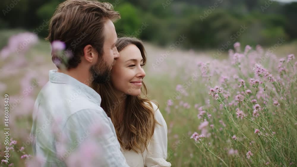 A loving couple stands in a field of blooming flowers, wrapped in an embrace, symbolizing love, connection, and the beauty of nature in a romantic setting. A loving couple stands in a field of blooming flowers, wrapped in an embrace, symbolizing love, connection, and the beauty of nature in a romantic setting.