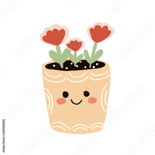 Cute hand-drawn smiling beige flowerpot with red flowers