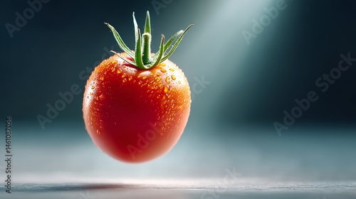 Tomato is floating in the air with a stem. Concept of lightness and playfulness