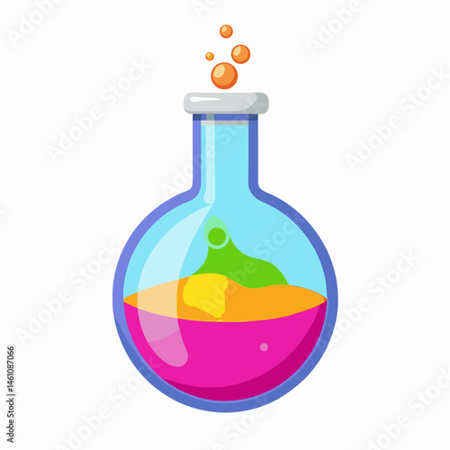 A vector illustration of a round-bottom flask filled with colorful liquid and vapor, isolated on white background