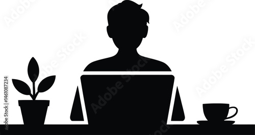 silhouette of man working with laptop and coffee cup vector illustration design