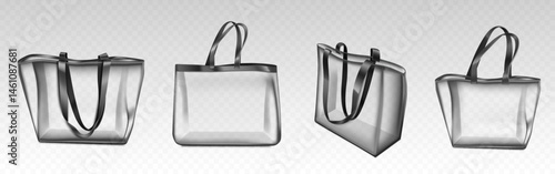 Transparent tote bags set - clear plastic shopping handbags with black handles, empty pockets. Realistic 3d mockups of see through purses, eco friendly packaging. Vector fashion accessory illustration