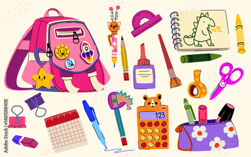 School bag and stationery set isolated on white background. Vector cartoon illustration of girly pink backpack, notepad, pen, pencil sharpener and eraser, scissors, calculator, education accessories
