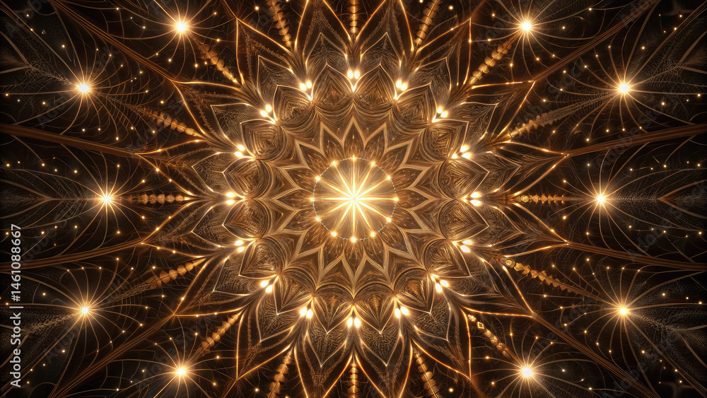 Fototapeta premium Golden glowing mandala with intricate patterns and radiant symmetry, creating mesmerizing and spiritual abstract design