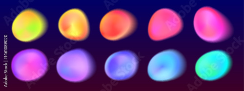 Abstract shape spots with aura color effect isolated on background. Vector realistic illustration of blurry neon yellow, pink, purple, blue gradient dots, watercolor texture blobs, y2k design elements