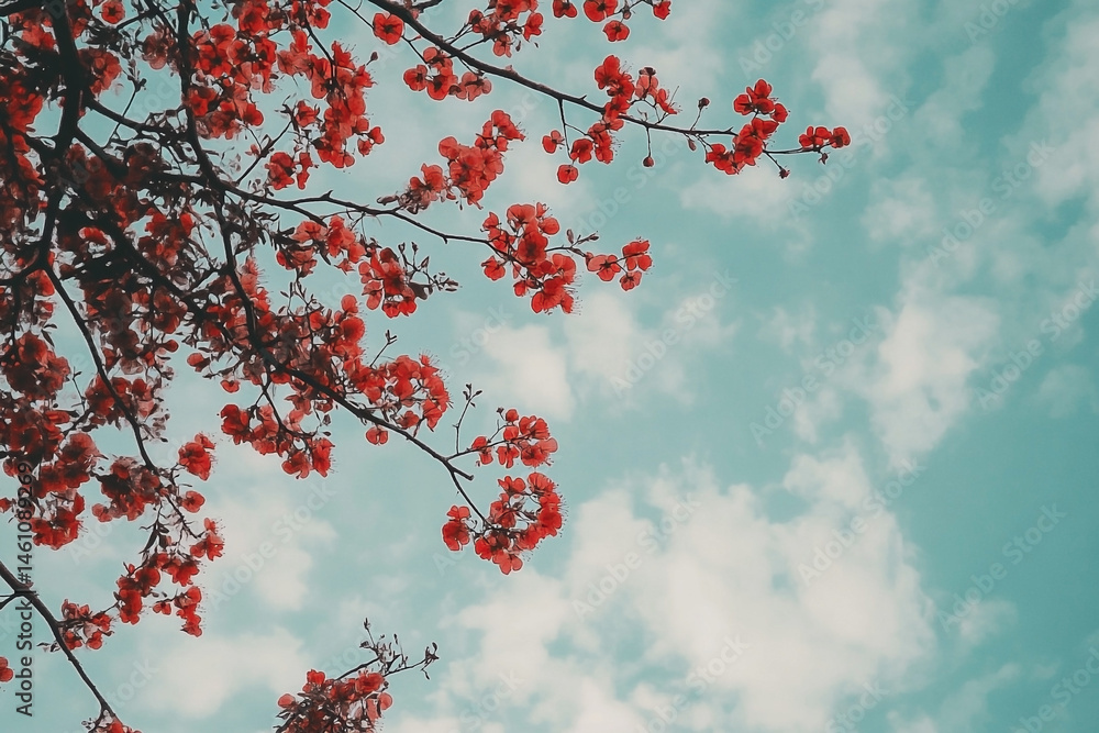 Vibrant Red Blossoms Adorning Branches Against a Cloudy Teal Sky Backdrop