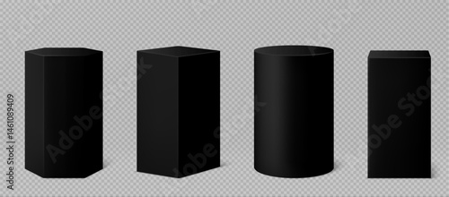 Black geometric shape podiums set isolated on transparent background. Vector realistic illustration of glossy tall round, hexagon, square platforms for product presentation, showroom design elements